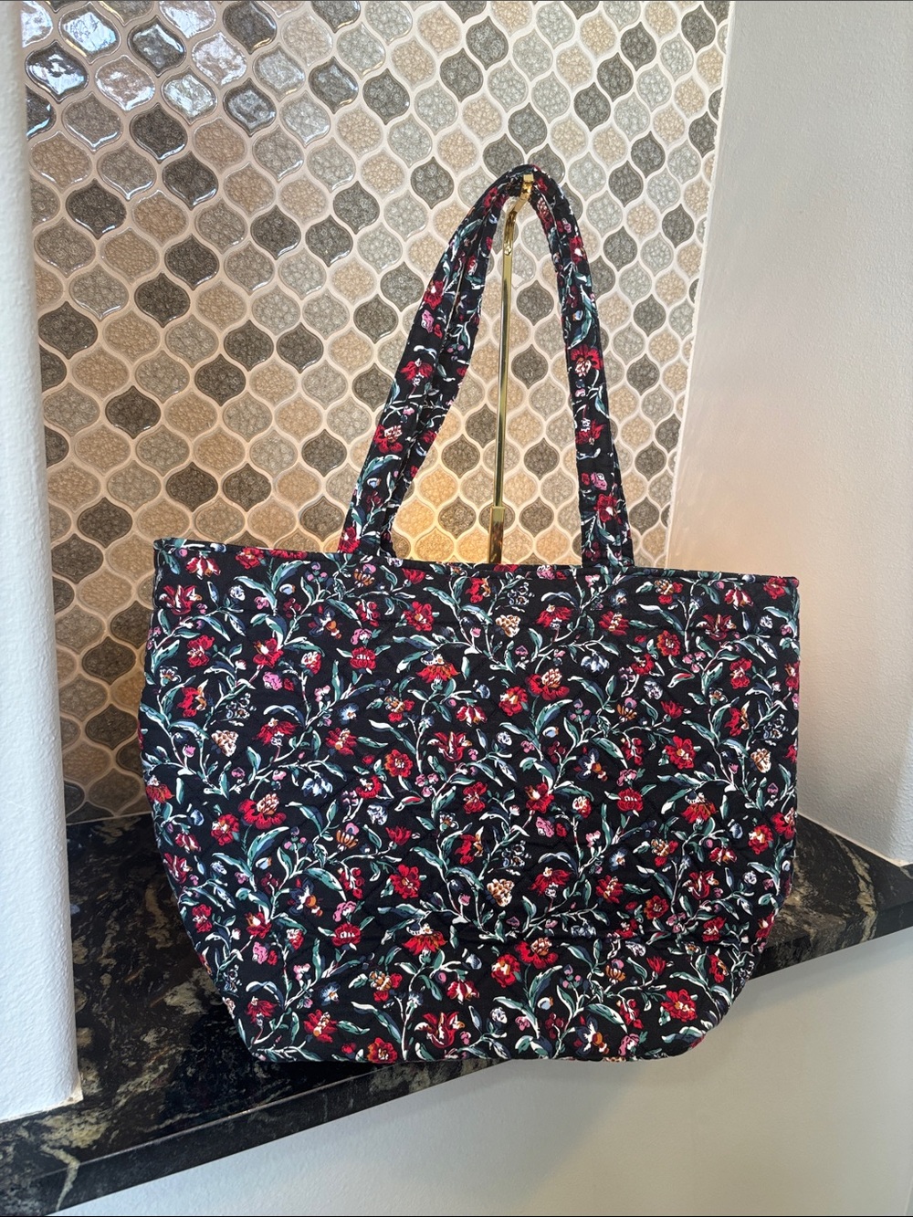 Vera Bradley Black Quilted Floral Tote with Red Flowers
